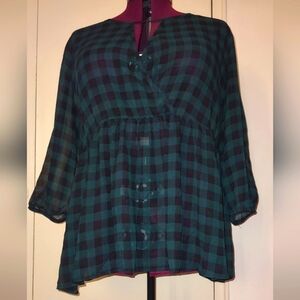 TORRID 2 Green Black Gingham Check Chiffon Blouse
